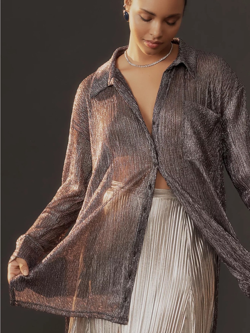 Anthropologie Pilcro Women’s Metallic Collared Semi Sheer Black Button Down XL